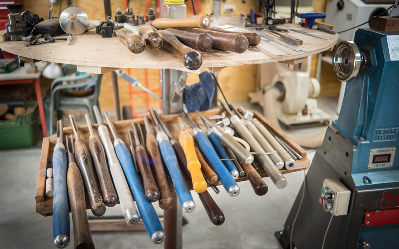 The tools I use every day are ready at hand right next to the lathe.